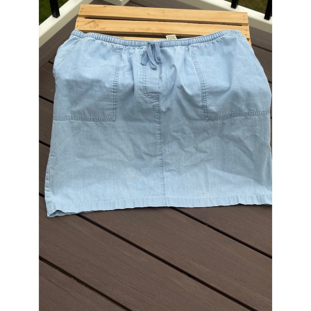 L.L.Bean Women's L Chambray Skirt Blue Cotton Drawstring Elastic Waist Pockets